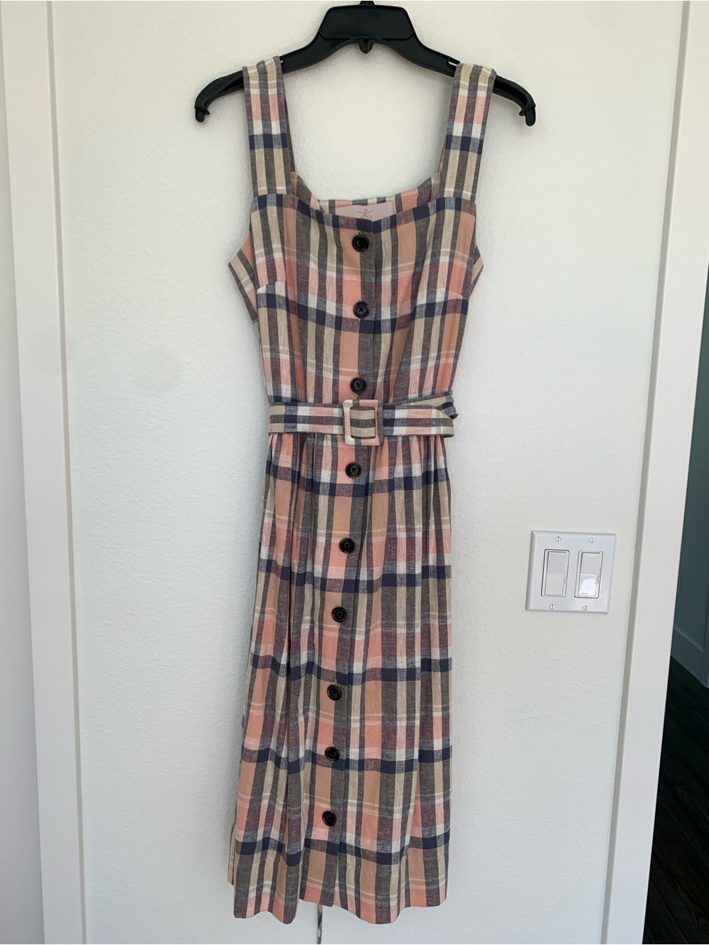 Gal Meets Glam Pink & Tan Plaid Button-Front Midi Dress with Belt